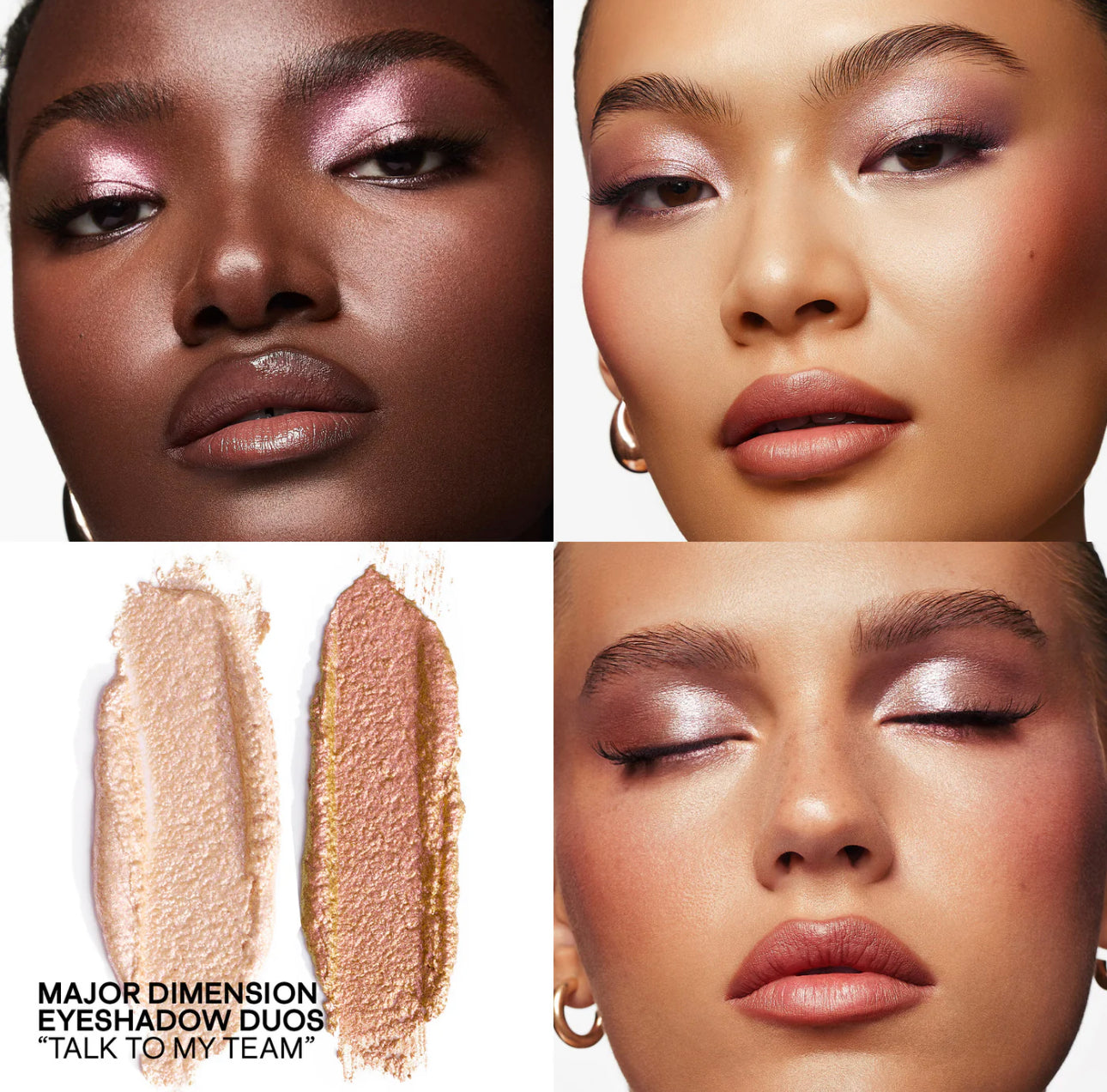 PATRICK TA
Major Dimension Eye Illusion Eyeshadow Duo: Talk To My Team - champagne sparkle with pink flip pearl, copper sparkle with pink flip pearl