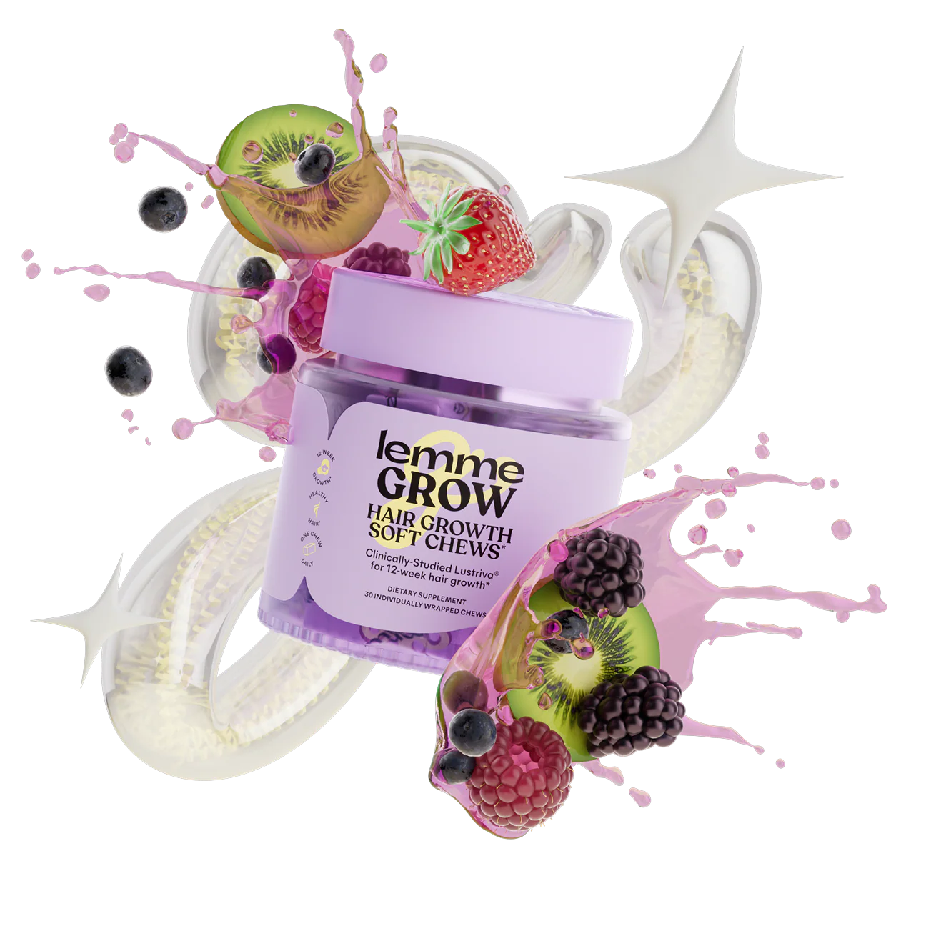 Lemme Grow Soft Chews - Hair Growth & Skin Support - Clinically Studied Lustriva - Mixed Fruit Flavor - 30ct