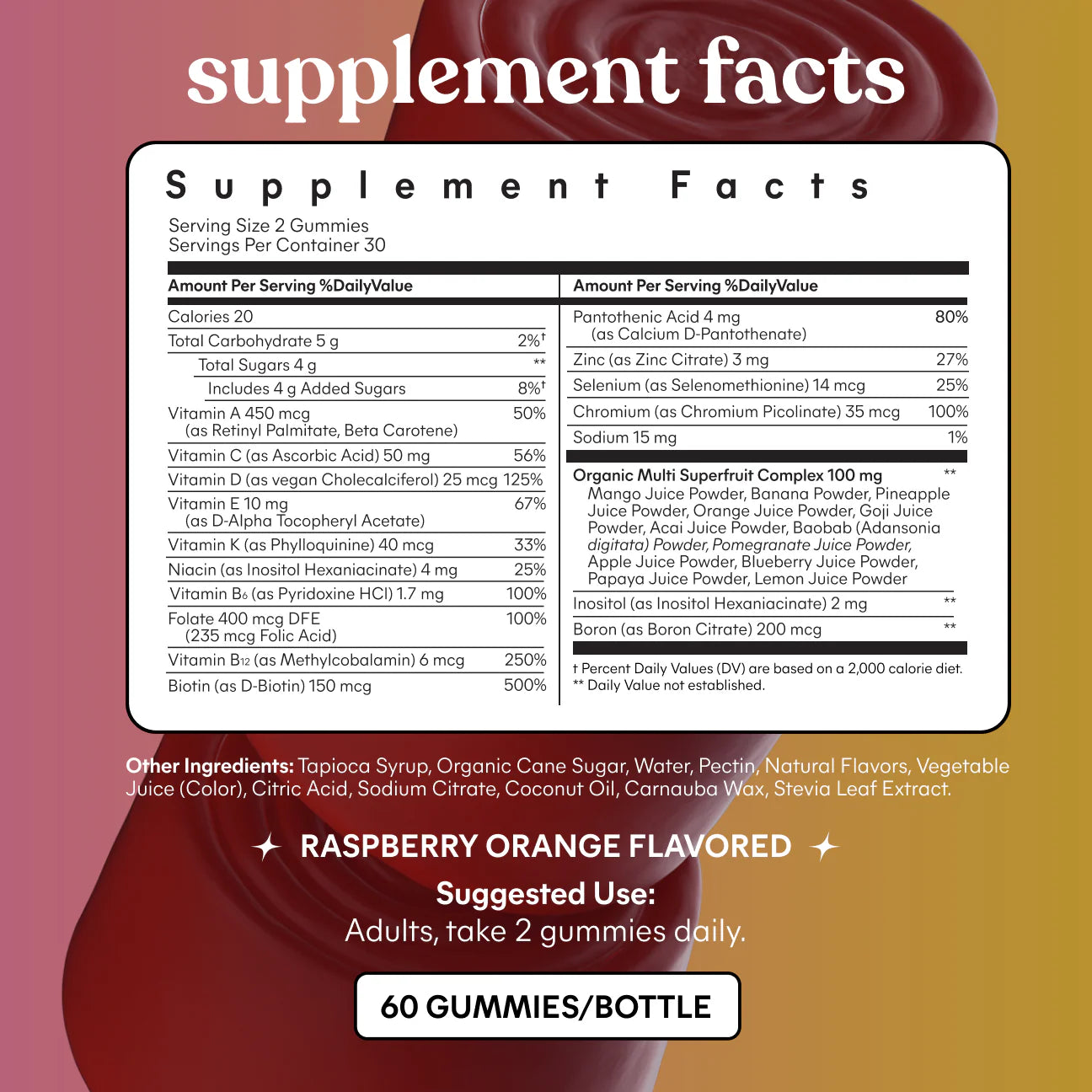 Lemme Multi Daily Gummies - Essential Daily Wellness Support - 25+ Vitamins & Minerals - Raspberry Orange Flavor - 60ct