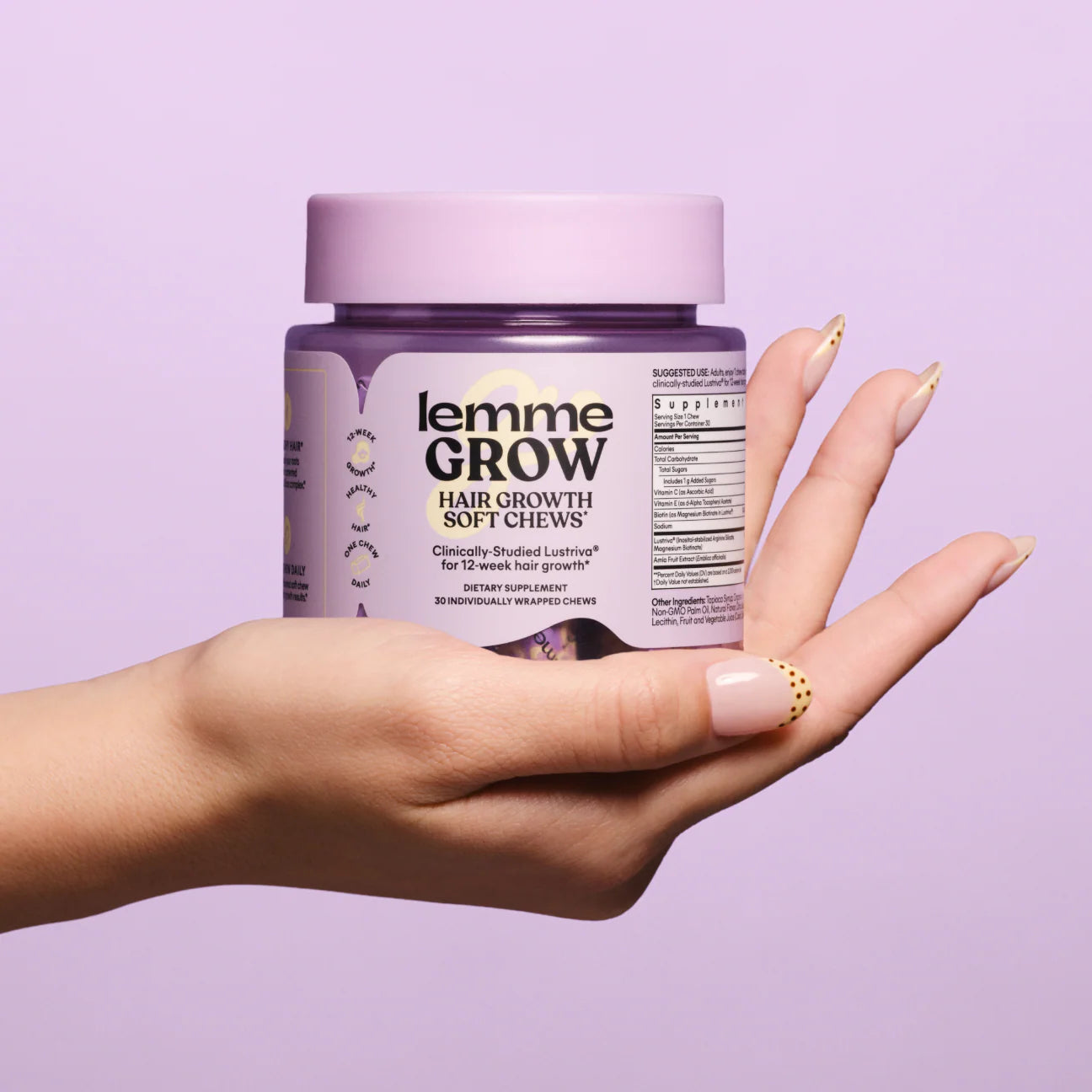 Lemme Grow Soft Chews - Hair Growth & Skin Support - Clinically Studied Lustriva - Mixed Fruit Flavor - 30ct